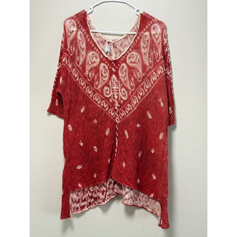 Sundance Red Paisley Knit Tunic Top Oversized Bandana Print Whipstitch Large